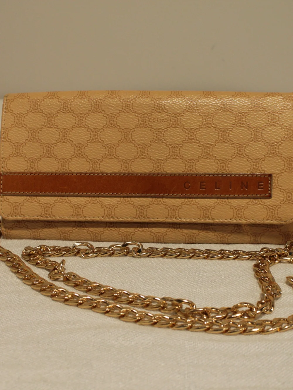 Celine Beige Tan Monogram Chain Clutch